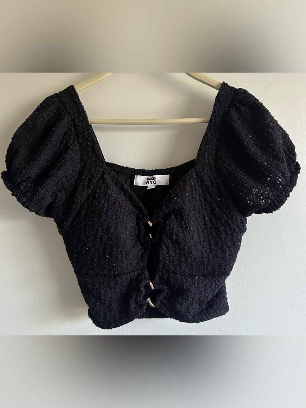 Mesh NYC Black Puff-Sleeve Ring-Tie Crop Top